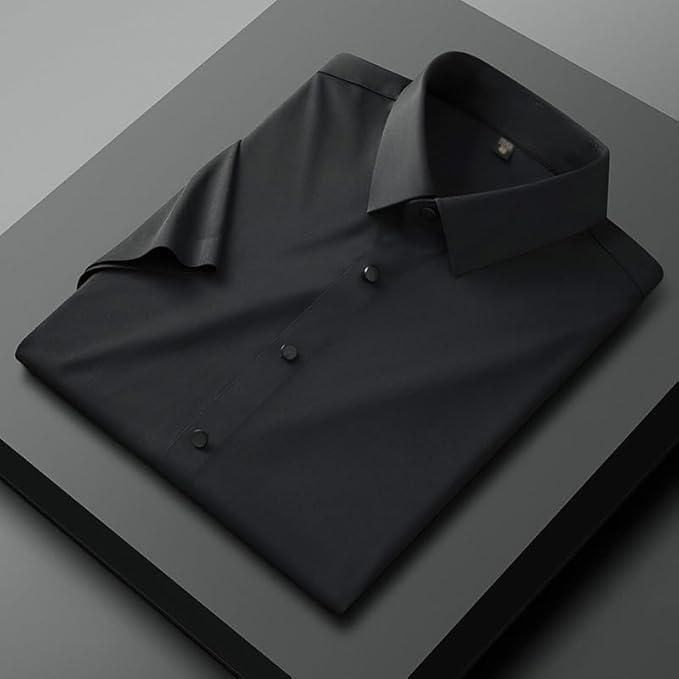 Men’s Satin Solid Formal Shirt – Black, Half Sleeves, Regular Fit