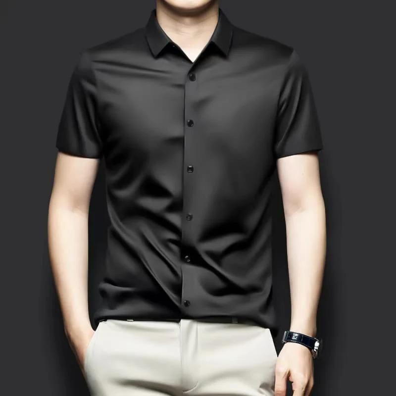Men’s Satin Solid Formal Shirt – Black, Half Sleeves, Regular Fit